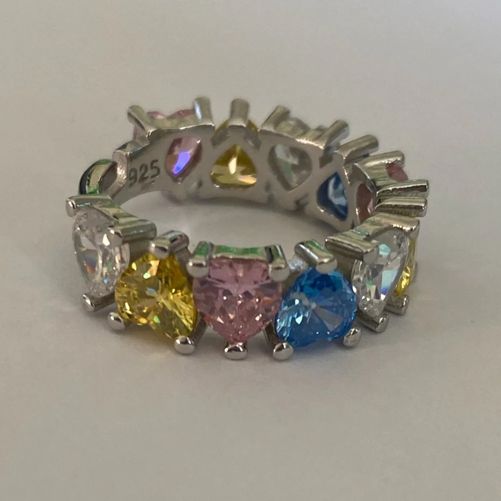 925 Silver heart band ring adjustable size 5.5 cz stones